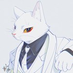 black_eyes clothing fur male necktie simple_background solo suit white_background white_body white_clothing white_fur white_suit yellow_sclera songyeerhu white_cat_legend li_bing_(white_cat_legend) domestic_cat felid feline felis mammal 1:1 2021