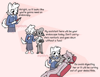 abstract_background ambiguous_gender anthro blue_blush blush bodily_fluids borderless_panel camera doctor endosoma examination_table forced fur grey_body grey_fur group hooves pivoted_ears red_body red_fur safe_vore scut_tail short_tail sweat tail tears text trio unwilling_pred vore white_body white_fur oatdote dote_(oatdote) ambiguous_species canid canine canis deer mammal wolf english_text