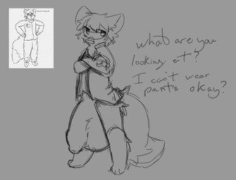 anthro big_penis clothing coat crossed_arms genitals huge_penis hyper hyper_genitalia hyper_penis male male/male penis solo text topwear potayo chefoxara_(oc) arctic_fox canid canine fox mammal true_fox monochrome sketch