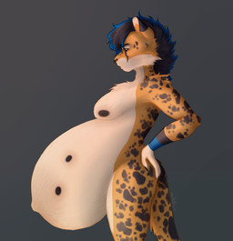 anthro belly belly_nipples big_belly black_hair black_nipples black_spots blue_eyes blue_hair_tips blue_highlights breasts fur hair hand_behind_back hand_on_butt highlights_(coloring) huge_belly hyper hyper_belly hyper_pregnancy male markings multi_nipple nipples nude nude_male orange_body orange_fur pregnant pregnant_anthro pregnant_male side_view solo spots spotted_body spotted_fur stretch_marks tail tan_body tan_fur mikiki_ii nix_(nixphx) cheetah felid feline mammal 2024 hi_res