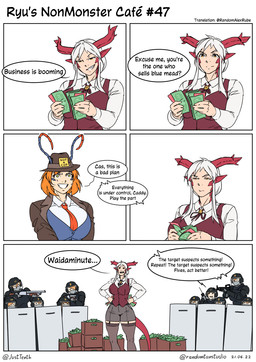 absolute_territory antennae_(anatomy) armor base_three_layout big_breasts black_clothing black_legwear black_thigh_highs blockage_(layout) bottomwear box breasts clothed clothing container evil_grin female five_frame_image fully_clothed garter_straps grin group gun hair half-closed_eyes hand_on_hip hat headgear headwear helmet holding_gun holding_money holding_object holding_ranged_weapon holding_weapon horizontal_blockage horn humanoid_pointy_ears legwear long_hair looking_at_viewer money monster_girl_(genre) narrowed_eyes necktie necktie_between_breasts oblivious orange_hair pointing_gun pointy_ears police police_uniform protective_gear ranged_weapon red_ears red_horn red_necktie shield shirt short_hair shorts simple_background smile speech_bubble standing tail text thick_thighs thigh_highs three_row_layout topwear uniform weapon white_background white_clothing white_shirt white_topwear wide_hips randomtanstudio fbi mythology ryu's_non_monster_cafe fives_(randomtanstudio) ryu_(randomtanstudio) animal_humanoid arthropod arthropod_humanoid dragon dragon_humanoid humanoid hymenopteran hymenopteran_humanoid insect insect_humanoid mythological_creature mythological_scalie scalie wasp_humanoid comic english_text hi_res