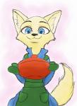 ambiguous_gender anthro apron black_nose blue_eyes cheek_tuft clothed clothing facial_tuft fur handwear holding_object inner_ear_fluff looking_at_viewer oven_mitts simple_background smile solo tan_body tan_fur tuft marema_kishin disney zootopia skye_(zootopia) arctic_fox canid canine fox mammal true_fox 2018 hi_res