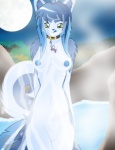 anthro blue_hair breasts collar collar_only female front_view genitals green_eyes hair jewelry necklace nipples nude pussy solo steam tail c0sm0 c0sm0_(character) canid canine mammal