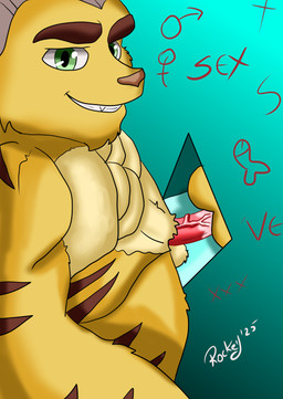 abs anthro balls bodily_fluids breasts erection fur genital_fluids genitals green_eyes male male/male muscular muscular_male nude pecs penetration penis sex smile solo yellow_body yellow_fur rockeythelombax playstation ratchet_and_clank sony_corporation sony_interactive_entertainment ratchet_(ratchet_and_clank) lombax mammal absurd_res digital_media_(artwork) hi_res