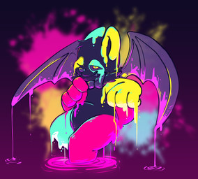 anthro black_sclera blurred_background bow_tie covered_in_paint dripping fangs featureless_crotch glowing glowing_body glowing_eyes male paint partially_submerged pose pupils slit_pupils smile smiling_at_viewer solo teeth gearwurk gambit_(gearwurk) bat bear giant_panda mammal colored digital_drawing_(artwork) digital_media_(artwork) hi_res