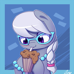 accessory beads bendy_straw beverage blue_background blush bracelet braided_hair candy chocolate container cup dessert drinking drinking_straw eyewear female feral food glass glasses grey_hair hair hair_accessory hair_tie holding_food holding_object hooves jewelry looking_down milkshake necklace purple_eyes simple_background smile solo young young_feral joyfulinsanity friendship_is_magic hasbro my_little_pony silver_spoon_(mlp) earth_pony equid equine horse mammal pony 1:1 2015 bust_portrait icon portrait signature