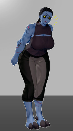 big_breasts biped black_sclera blue_body bottomwear breasts clothing dreadlocks female female_humanoid hooves huge_breasts pants shirt solo standing tank_top topwear yellow_eyes valiance warhammer_(franchise) warhammer_40000 alien alien_humanoid humanoid t'au_(warhammer) 9:16 hi_res