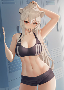 athletic athletic_female athletic_humanoid black_bottomwear black_clothing black_topwear bottomwear breasts cleavage clothed clothing collarbone eyebrows female fingernails front_view fur grey_body grey_ears grey_fur grey_hair grey_inner_ear hair hand_on_hair lips locker looking_at_viewer midriff mouth_hold nails navel solo topwear touching_hair alan771124 hololive vtuber shishiro_botan animal_humanoid felid felid_humanoid humanoid lion_humanoid mammal mammal_humanoid pantherine pantherine_humanoid 2022 hi_res