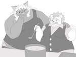 anthro belly cooking cooking_pot duo eyewear glasses grin hair long_hair male male/male overweight smile kemoduelist domestic_cat felid feline felis mammal 4:3 greyscale hi_res monochrome