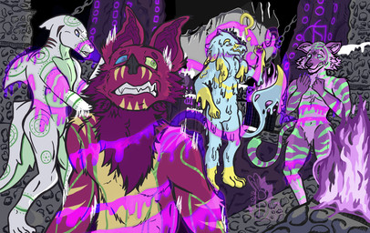 accident anthro creepy goopy group magic male nude ruins scenery slime temple transformation transmog badaspen bat felid fish mammal marine pantherine shark tiger 2025 digital_media_(artwork) hi_res
