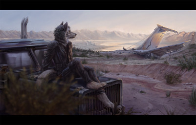 aircraft airplane amazing_background anthro barefoot biped black_nose black_pawpads bone bottomwear brown_eyes claws clothed clothing day desert detailed_background feet fingers fluffy fluffy_tail fully_clothed fur grass grey_body grey_fur heavy_truck jacket jet leather leather_clothing leather_jacket leather_topwear looking_away male mountain on_hood outside pants pawpads paws plant post-apocalyptic sand shrub sitting skull sky solo tail toe_claws toes topwear truck trucker vehicle conditional_dnp royz canid canine canis mammal wolf 2018 detailed digital_media_(artwork)