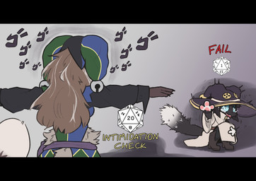 anthro bell black_bars black_body black_fur bodily_fluids boots brown_body brown_fur brown_hair claws clothing critical_failure critical_roll crouching crying d20 dice dice_roll dipstick_tail duo female female_anthro finger_claws fool's_hat footwear fur gameplay_mechanics hair hat headgear headwear intimidation jester larger_anthro larger_female magic_user markings multicolored_body multicolored_clothing multicolored_fur natural_20 pawpads puffed_tail rear_view saving_throw scared shadow shoes size_difference smaller_anthro smaller_female t-pose tail tail_markings tears tufted_fur maenei dungeons_and_dragons hasbro menacing_(meme) wizards_of_the_coast elenora_(bebop_the_hog) meika_minra domestic_cat felid feline felis mammal mustelid musteline true_musteline weasel 2024 hi_res letterbox meme