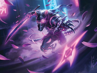 anthro cybernetics cyberpunk holding_melee_weapon holding_object holding_sword holding_weapon looking_at_viewer machine male melee_weapon neon neon_sign ranged_weapon science_fiction shuriken sign solo sword tail tron_lines weapon raymond_swanland hasbro magic:_the_gathering wizards_of_the_coast cyborg mammal murid murine rat rodent 2021 official_art