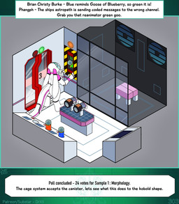 anthro big_breasts breasts clothed clothing female hazmat_suit huge_breasts laboratory non-mammal_breasts tail text text_box drxii kobold_quest gooseberry_kobold kobold reptile scalie digital_media_(artwork) english_text hi_res url