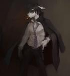 2018 anthro black_hair brown_background cigarette clothed clothing coat digital_media_(artwork) dress_shirt english_text eyewear glasses gun hair hi_res holster male necktie ranged_weapon shaded shirt simple_background smoking solo standing sy_noon text topwear unknown_species weapon