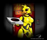 anthro areola beak breasts dark female food genitals looking_at_viewer machine nipples non-mammal_breasts non-mammal_nipples open_mouth pizza purple_eyes pussy smile solo teeth text thefishe77 five_nights_at_freddy's scottgames chica_(fnaf) animatronic avian bird chicken galliform gallus_(genus) phasianid robot signature