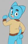 4_fingers anthro backsack balls blue_body blue_fur bottomless butt clothed clothing fingers fur genitals grey_background hand_on_butt looking_at_viewer looking_back male open_mouth simple_background solo sweater topwear young young_anthro boxtop cartoon_network the_amazing_world_of_gumball gumball_watterson domestic_cat felid feline felis mammal hi_res