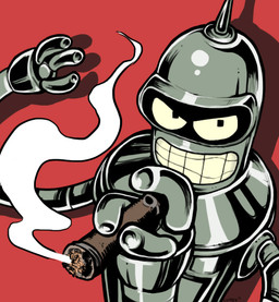 3_fingers ambiguous_gender antennae_(anatomy) black_eyes cigarette fingers glistening glistening_body grey_body half-closed_eyes looking_at_viewer machine male metallic_body narrowed_eyes red_background shadow simple_background smoke smoking solo lunderful comedy_central futurama bender_bending_rodríguez humanoid robot 2011 digital_media_(artwork)