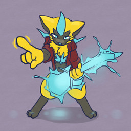 3_toes 4_fingers anthro biped blue_eyes clothed clothing electric_guitar feet fingers front_view fur gesture guitar hand_gesture holding_object jacket male misleading_thumbnail motion_lines musical_instrument open_clothing open_jacket open_topwear playing_guitar playing_music plucked_string_instrument pointing pointing_at_viewer purple_background simple_background solo standing string_instrument toes topwear yellow_body yellow_fur argon_vile nintendo pokemon fan_character magnum_amplitude generation_7_pokemon legendary_pokemon pokemon_(species) zeraora 1:1 2019 hi_res