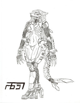 anthro armor breasts cybernetics female machine midriff non-mammal_breasts solo standing unconvincing_armor frenzy657 digos-01 aquatic cyborg fish shark absurd_res hi_res monochrome traditional_media_(artwork)