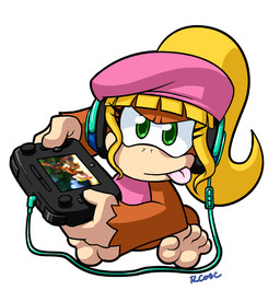 5_toes anthro barefoot biped blonde_hair brown_body brown_fur clothing controller electronics feet female fur game_controller green_eyes hair hat headgear headphones headwear long_hair ponytail simple_background sitting soles solo toes tongue tongue_out white_background rongs1234 donkey_kong_(series) nintendo wii_u dixie_kong haplorhine kong mammal monkey primate signature