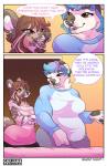 2016 anthro bear big_breasts blue_hair border bottomwear breasts brown_eyes brown_hair canid canine canis chest_tuft claws clothed clothing comic dialogue digital_media_(artwork) domestic_dog duo ear_piercing english_text facial_piercing female fur gabe_(barnabell) hair hat headgear headwear liz_(barnabell) mammal multicolored_hair nose_piercing one_eye_closed open_mouth pants pawpads piercing polar_bear seamen shaded slightly_chubby smile speech_bubble stamp teeth text tongue tongue_piercing tuft two_tone_hair ursine white_body white_border white_fur wink