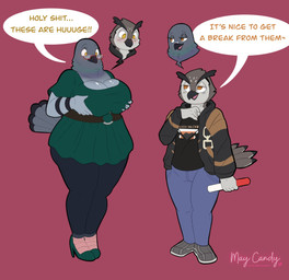anthro belt big_breasts big_butt black_outline blush body_swap bottomwear breasts butt cleavage clothed clothing crossgender curvy_figure dialogue dress duo eyewear feathers female footwear fully_clothed glasses high_heels holding_object hoodie male outline overweight overweight_anthro overweight_female pants shirt shoes simple_background slightly_chubby slightly_chubby_anthro slightly_chubby_female smile speech_bubble surprised_expression tail topwear voluptuous wearing_glasses wide_hips maybilecandy angie_baker jericho_russo avian bird columbid owl pigeon 2023 comic digital_media_(artwork) hi_res signature
