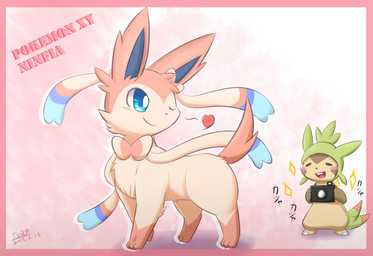 ambiguous_gender blue_eyes blush bow_tie camera duo feral fur heart_symbol one_eye_closed pink_body pink_fur ribbons tail tail_motion tailwag text wink ivan-jhang nintendo pokemon chespin eeveelution generation_6_pokemon mammal pokemon_(species) sylveon english_text japanese_text translated