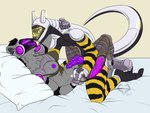 anal anal_penetration anthro arm_warmers armwear bra_slip clothing duo gynomorph gynomorph/male hand_holding intersex intersex/male leg_warmers legwear machine male penetration penile penile_penetration penis_in_ass cryptidcritter konami metal_gear quiet_(metal_gear) hyena mammal protogen synth_(vader-san) 4:3 absurd_res hi_res
