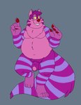 anthro balls belly eyewear genitals glasses humanoid_hands male moobs navel overweight overweight_male penis pink_body purple_body red_nose simple_background solo bravo fan_character cheshire_cat_(species) domestic_cat felid feline felis mammal 2023 hi_res