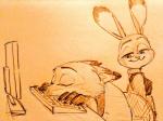 anthro chair claws clothed clothing computer_keyboard computer_monitor dipstick_ears duo ear_markings female fur furniture looking_back male multicolored_ears police police_uniform sitting sleeping smile standing uniform saritaaaaaaa82 disney zootopia judy_hopps nick_wilde canid canine fox lagomorph leporid mammal rabbit red_fox true_fox 4:3 monochrome