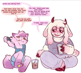 age_difference anthro blush bodily_fluids bottomwear bulge child_grooming clothing dialogue drugging duo female freckles gaming happy imminent_rape imminent_sex innocence intersex intersex/male male male/female older_female pants paws pedophilia_temptation playing_video_game scar self-harm_scars shirt shorts shota sitting sitting_on_ground slightly_chubby slightly_chubby_female sweat sweatdrop t-shirt text topwear young young_male unknown_artist bovid canid canine canis caprine domestic_dog goat mammal sheep english_text trans_(lore) trans_woman_(lore)