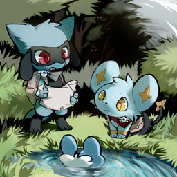 ambiguous_gender anthro backpack badge blue_body blue_fur feral fur group map red_eyes yellow_eyes jia nintendo pokemon pokemon_mystery_dungeon spike_chunsoft froakie generation_4_pokemon generation_6_pokemon pokemon_(species) riolu shinx 1:1 hi_res