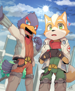 anthro blue_body chibi city clothed clothing duo heart_symbol male orange_body jrzkung nintendo nintendo_switch star_fox falco_lombardi fox_mccloud avian bird canid canine fox mammal 2022 hi_res