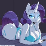 anthro anthrofied big_breasts big_butt blue_eyes breasts butt cellphone cleavage clothed clothing cutie_mark electronics eyebrows eyelashes female fingers hair horn long_hair looking_at_viewer lying on_front phone purple_hair purple_tail solo tail text unicorn_horn white_body diamondheart21 friendship_is_magic hasbro my_little_pony mythology rarity_(mlp) equid equine mammal mythological_creature mythological_equine unicorn absurd_res artist_name hi_res url