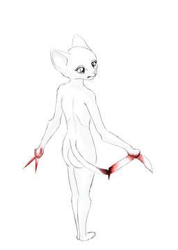 anthro blood blood_on_hand blood_on_tail bodily_fluids butt female fur gore mutilation nude pupils scissors self-harm simple_background slit_pupils solo tail_mutilation white_background white_body white_fur eloisanon eloisa domestic_cat felid feline felis mammal absurd_res hi_res unavailable_at_source