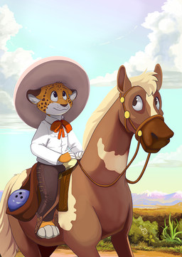 ambiguous_feral ambiguous_gender anthro blue_sky bottomwear bowling_ball brown_body brown_bottomwear brown_clothing brown_nose brown_pants brown_spots clothed clothing cloud day dipstick_ears duo ear_markings facial_spots feral fur glistening glistening_eyes hat headgear headwear inner_ear_fluff logo male mane mouth_closed multicolored_ears outside pants riding sitting sky spots spotted_face tail tan_mane tan_tail topwear tuft white_body white_clothing white_fur white_inner_ear_fluff white_topwear yellow_body yellow_fur young young_anthro young_male pandapaco felid mammal artist_logo hi_res signature