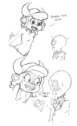 ?_face anthro blush bodily_fluids breasts clothing dialogue duo eyelashes featureless_breasts female hair hat headgear headwear horn male mascot open_mouth smile sweat text young smekbo nippon_professional_baseball orix_buffaloes anon buffalo_bell bovid bovine cattle human mammal black_and_white english_text hi_res monochrome