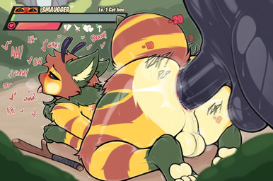 anal anal_penetration antennae_(anatomy) anthro anthro_penetrated balls biped black_body blush butt duo erection fur gameplay_mechanics genitals heart_symbol male male/male male_penetrated male_penetrating male_penetrating_male moan multicolored_body multicolored_fur open_mouth penetration penile penile_penetration penis plap sex text oro97 smaugger arthropod bee hymenopteran insect english_text hi_res