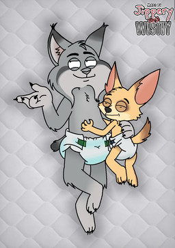 anthro bed clothed clothing cuddling diaper diaper_fetish diaper_only duo furniture lying male male/male on_back sleeping topless wearing_diaper jameshtf jipperyandwistiy_(artist) disney zootopia finnick_(zootopia) pawbert_lynxley canid canine felid feline fennec_fox fox lynx mammal true_fox hi_res adult_(lore)