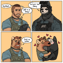4_panel_comic anthro balaclava black_clothing black_gloves black_handwear blue_clothing blue_eyes blue_shirt blue_topwear blush bondage_furniture brown_eyes brown_hair bulletproof_vest cellphone clothing collar dialogue duo electronics gloves hair handwear heart_symbol holding_cellphone holding_object holding_phone instant_transformation kissing linked_speech_bubble male male/male mask notched_ear phone profanity saint_andrew's_cross scotland_flag scottish_flag shirt skull_symbol species_transformation speech_bubble teeth text topwear transformation union_jack expired_butter activision call_of_duty call_of_duty_4:_modern_warfare yoshi_and_toad_kissing ghost_(call_of_duty) john_soap_mactavish canid canine canis human hyena mammal 1:1 comic english_text hi_res