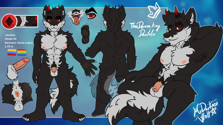 anthro anus balls body_hair butt countershade_face countershade_fur countershade_neck countershade_tail countershade_torso countershading diamond_pupils erection flaccid fur genitals humanoid_genitalia male penis pronouns pubes pupils saggy_balls solo stated_height stated_pronouns tail unusual_pupils mrdarknesswolf dantalos canid canine canis demon hybrid mammal wolf hi_res model_sheet