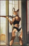 anthro assassin bra brown_body brown_fur butt clothing female fingers fur gun holding_gun holding_object holding_ranged_weapon holding_weapon inside lingerie markings panties ranged_weapon rifle slim solo spots spotted_body spotted_fur standing tail underwear weapon window yellow_eyes 0l-fox-l0 deer mammal absurd_res digital_media_(artwork) hi_res