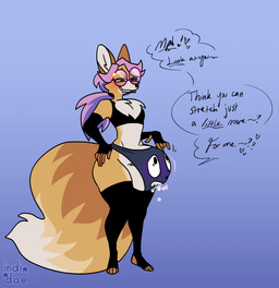 anthro armwear big_tail biped black_bra black_clothing black_underwear blue_clothing bra brown_body brown_fur bulge chest_tuft clothed clothing clothing_transformation detailed_bulge dialogue dipstick_tail duo elbow_gloves expansion eyes_closed eyewear femboy fingers fluffy fluffy_tail fur genital_expansion glasses gloves hair hand_on_hip handwear heart_symbol legwear living_underwear long_hair magic magic_user male male_anthro markings multicolored_body multicolored_tail open_mouth panties penis_expansion pink_hair ponytail purple_clothing purple_hair simple_background smile solo sparkles speech_bubble standing stockings tail tail_markings tan_body tan_fur text thick_thighs thigh_highs transformation tuft underwear underwear_transformation white_body wide_hips yellow_body indidae animate_inanimate canid canine fennec_fox fox mammal true_fox artist_name digital_media_(artwork) english_text hi_res