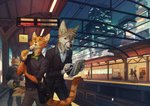 anthro bottomwear city clothed clothing detailed_background duo_focus food group jacket male map open_mouth pants station stick topwear orphen-sirius canid canine felid feline mammal 2020