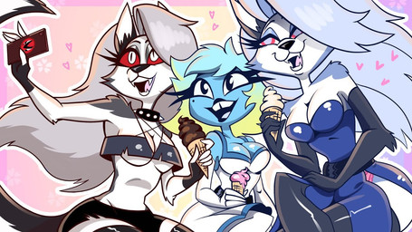 anthro armwear blonde_hair blue_body blue_hair blue_skin bottomwear breasts cellphone cleavage clothed clothing collar dessert dress elbow_gloves electronics eyelashes female fingerless_gloves food fur gloves grey_body grey_fur grey_hair group hair handwear heart_symbol holding_cellphone holding_object holding_phone holding_smartphone hotpants ice_cream ice_cream_cone legwear long_eyelashes long_hair long_tail panty_peek phone pupils red_eyes red_sclera selfie selfie_pose shorts simple_background slit_pupils smartphone spiked_collar spikes split_dress tail thigh_highs trio white_body white_eyes white_fur saiscribbles hellaverse helluva_boss mythology loona_(helluva_boss) millie_(helluva_boss) angel angel_humanoid canid canid_angel canid_demon canine canis demon hellhound humanoid mammal mythological_canine mythological_creature wolf 16:9 colored widescreen