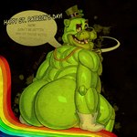 1:1 absurd_res animatronic anthro bear big_butt bubble_butt butt clothing clover_(plant) english_text five_nights_at_freddy's four_leaf_clover freddy_(fnaf) gloves gold_(metal) gold_tooth green_body green_clothing green_hat green_headwear handwear hat headgear headwear hi_res holidays huge_butt jewelry koenics looking_at_viewer looking_back looking_back_at_viewer machine male mammal mostly_nude musclegut muscular necklace plant presenting presenting_hindquarters rainbow rear_view robot scottgames shamrock shamrock_freddy_(fnaf) sitting solo st._patrick's_day talking_to_viewer text top_hat
