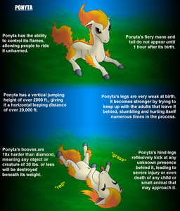 ambiguous_gender brown_eyes feral fire flaming_hair flaming_mane flaming_tail fur grass hooves plant pseudo_hair pseudo_mane quadruped rolling scary simple_background solo tail tan_body tan_fur text tongue dachimotsu nintendo pokemon equid generation_1_pokemon mammal pokemon_(species) ponyta english_text