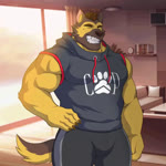 anthro biceps black_bottomwear black_clothing black_pants blue_clothing blue_hoodie blue_topwear book bottomwear brown_body brown_fur brown_hair claws clothing curtains deltoids finger_claws five_o'clock_shadow fur furniture hair hand_on_hip happy hoodie living_room logo_on_clothing male muscular muscular_anthro muscular_male one_eye_closed pants pawprint_pattern pecs shelf sleeveless_hoodie sofa solo standing tail tail_motion tailwag toothy_smile topwear window yellow_body yellow_fur wolgensim after_class gilbert_learnard canid canine canis domestic_dog german_shepherd herding_dog mammal pastoral_dog 1:1 2020 animated loop no_sound short_playtime webm