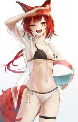 5_fingers bikini breasts clothing female fingers hair holding_beach_ball looking_at_viewer navel one_eye_closed red_hair simple_background smile solo swimwear tail translucent translucent_clothing two-piece_swimsuit white_background aprilaiv arknights hypergryph studio_montagne flametail_(arknights) animal_humanoid humanoid mammal mammal_humanoid rodent rodent_humanoid sciurid sciurid_humanoid tree_squirrel_humanoid 2023 absurd_res digital_media_(artwork) half-length_portrait hi_res portrait